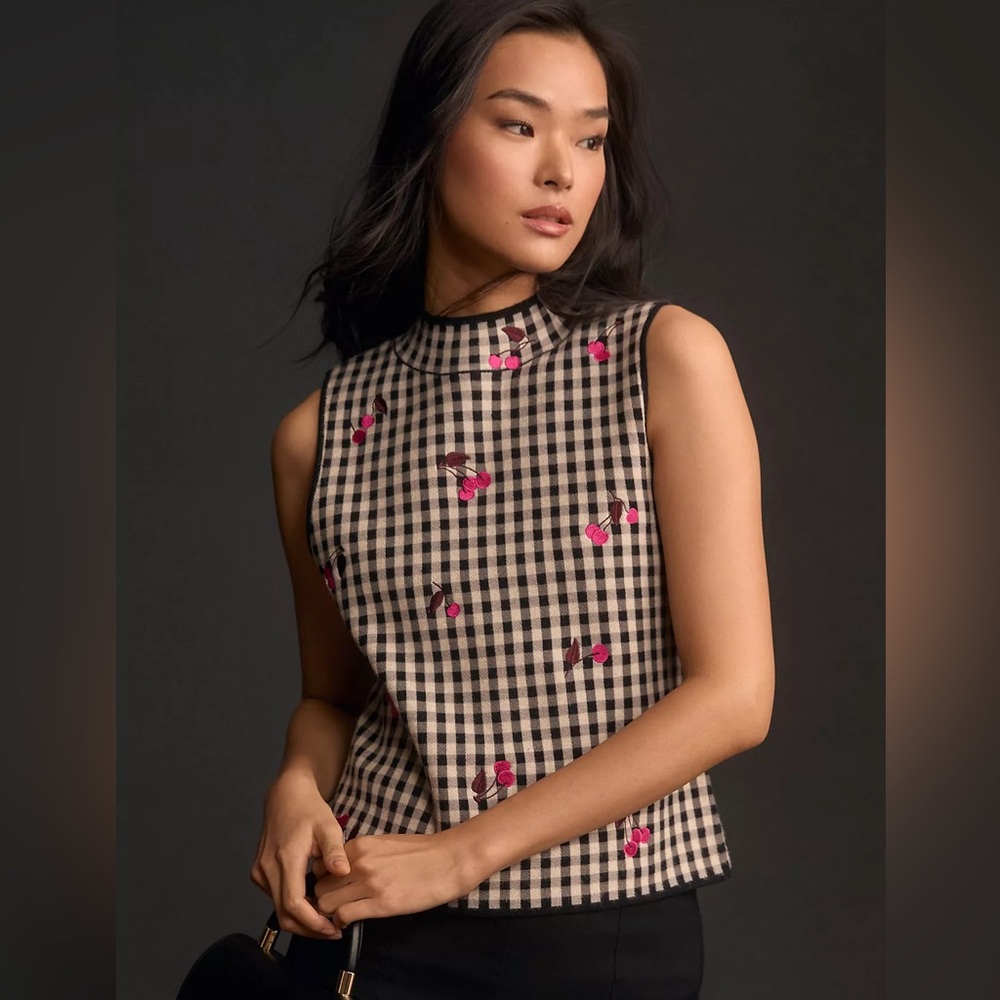 Maeve Black and Cream Checkered Top with Pink Accents